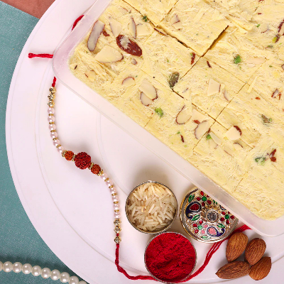 Pearl And Rudraksh Rakhi With Soan Papdi Combo