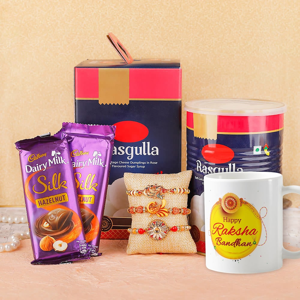  Set of 3 Rakhis With Mug Cadbury Silk & Rasgulla Delight