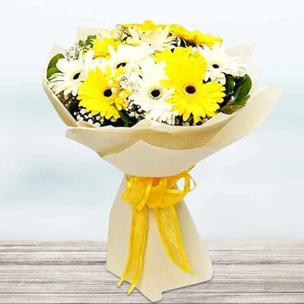  Mix Gerbera Flowers Bouquet In White Wrapping