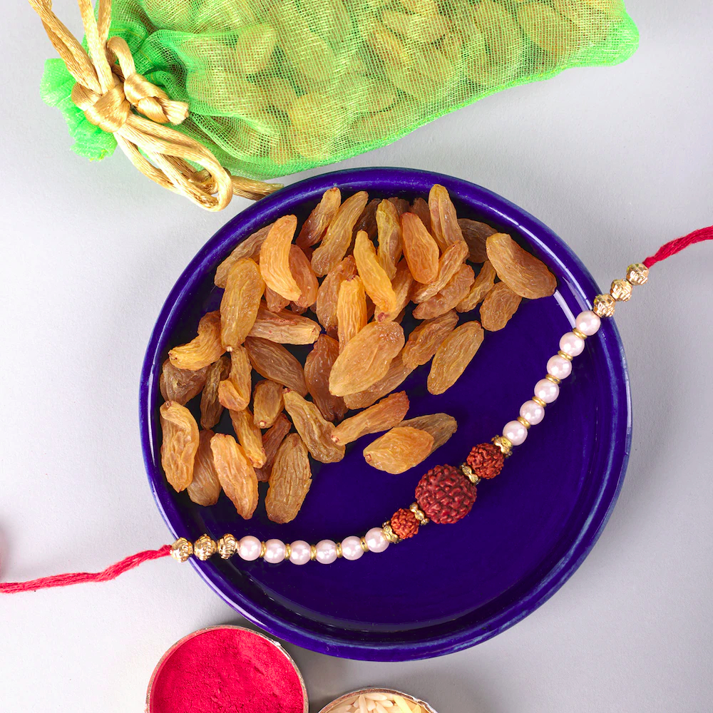  Pearl Rudraksh Rakhi With Raisins Combo