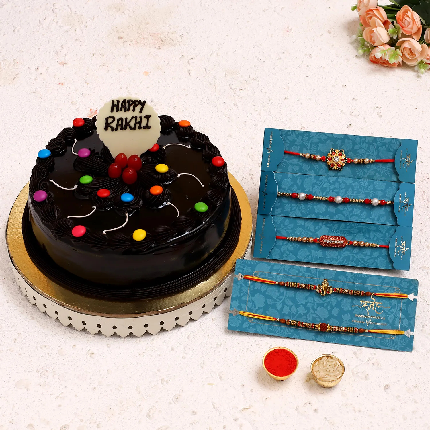  Set Of 5 Rakhis & Truffle Gems Cake